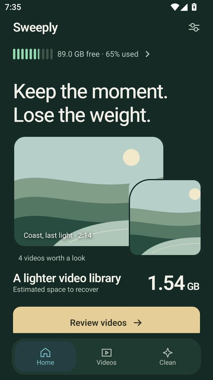 Sweeply Home in its new interface, with video recommendations and estimated space to recover.