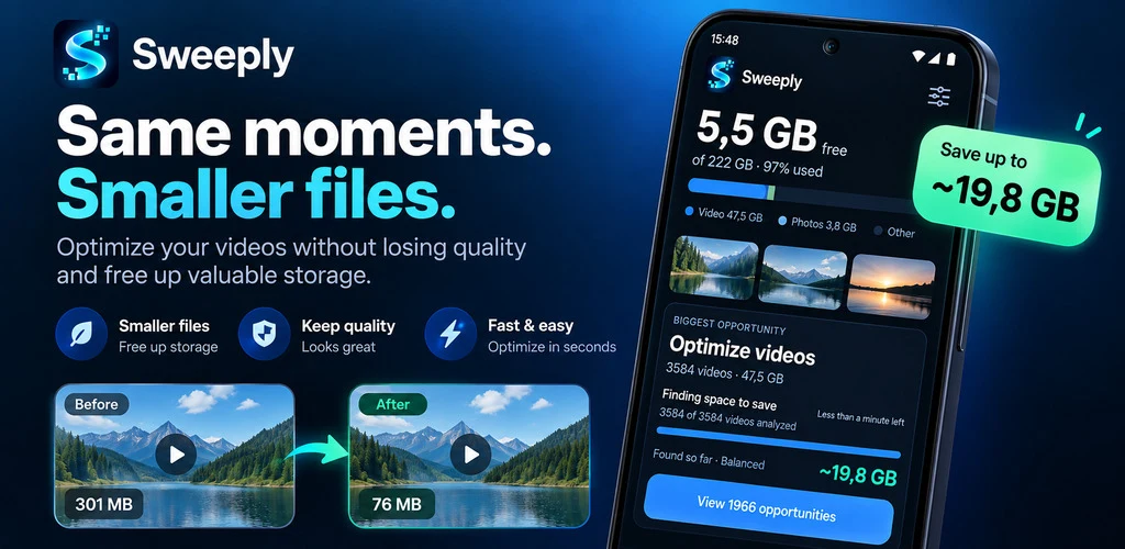 Sweeply turns a 301 MB video into a 76 MB video while keeping the same memory.