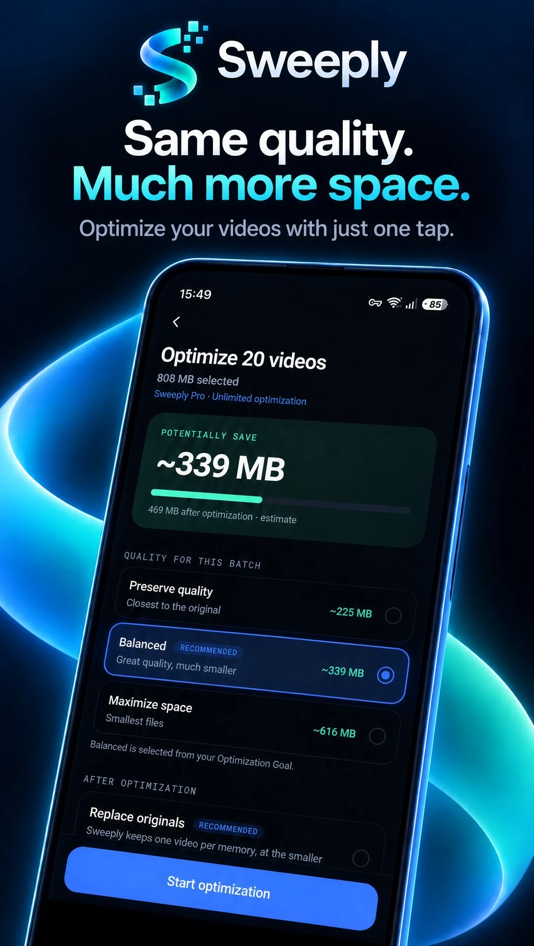 Sweeply optimization options with quality settings and estimated savings.