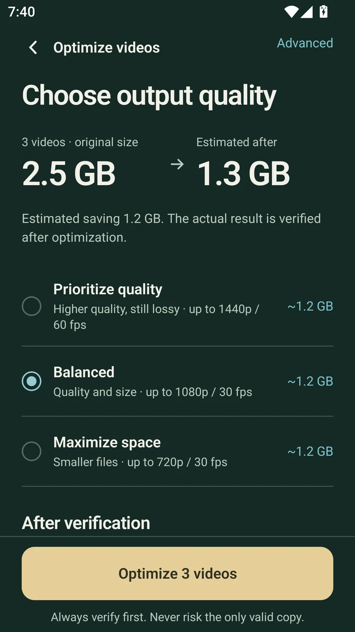 Sweeply quality settings showing three choices and estimated storage savings.