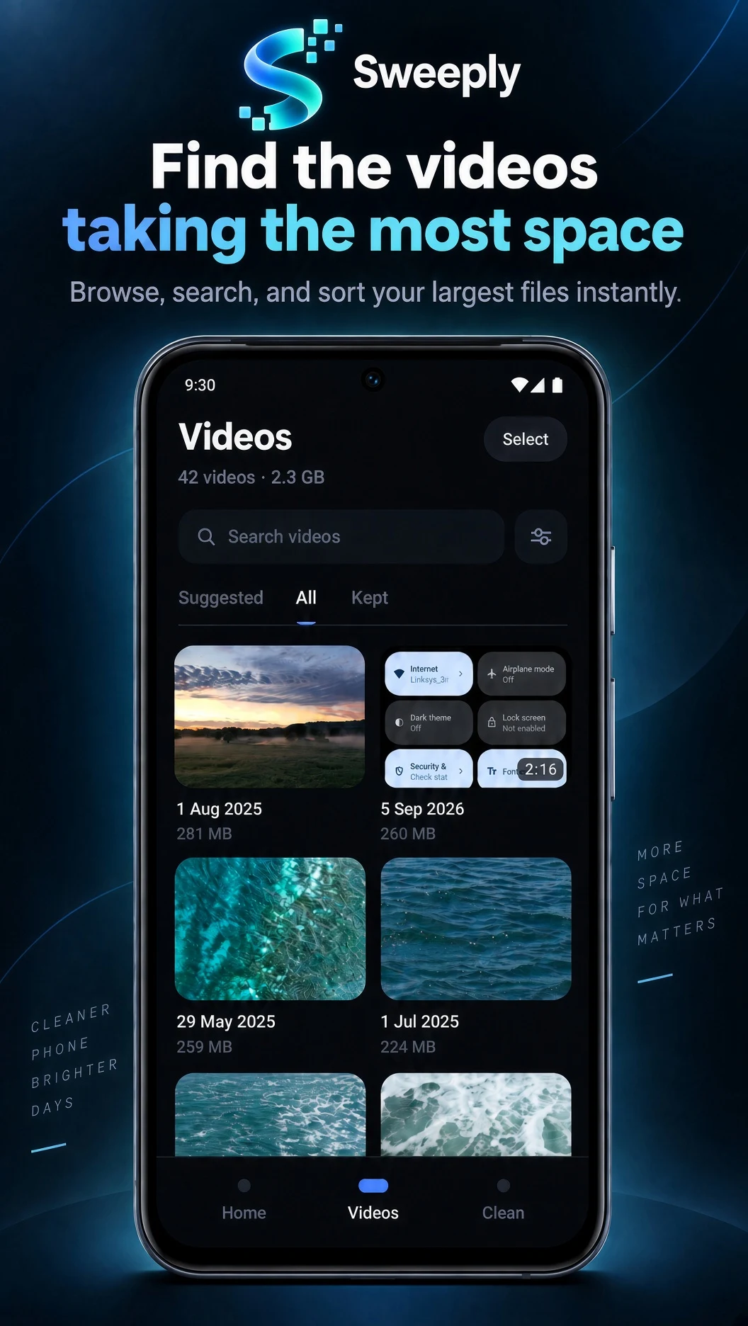 Sweeply video browser with videos sorted by file size.